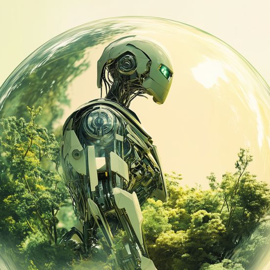 Krystalkugle med fremtidsrobot og grønne grene