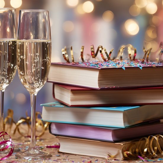 En stak bøger og to champagneglas