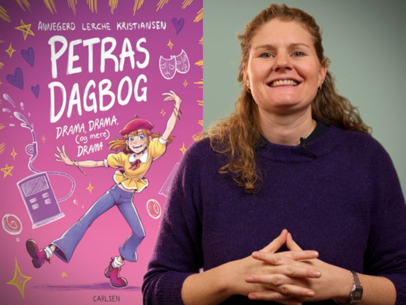 Bibliotekets litteraturformidler Trine foran bogen "Petras dagbog"