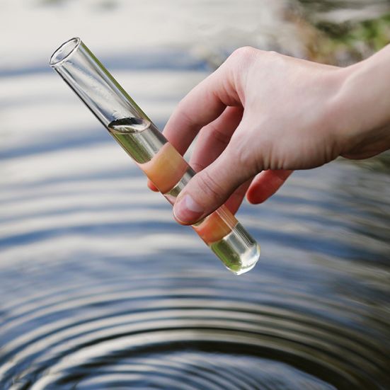 Hånd løfter reagensglas fyldt med vand over vandspejl med ringe