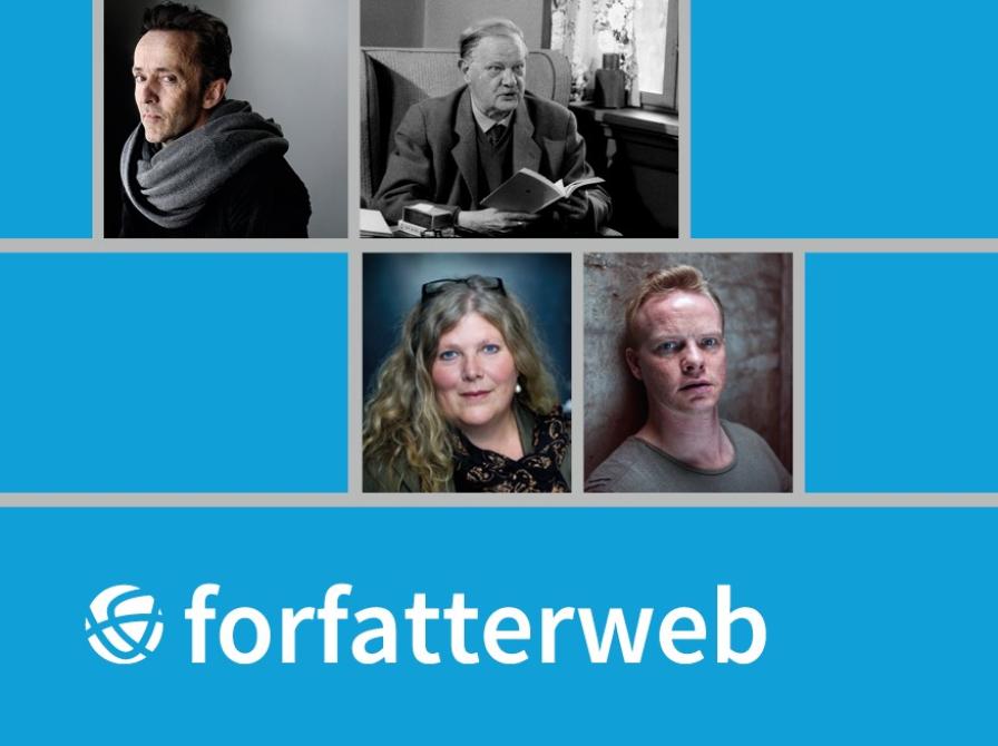 Logo Forfatterweb. Fire forskellige forfatterportrætter. Nogle i sort hvid andre i farve